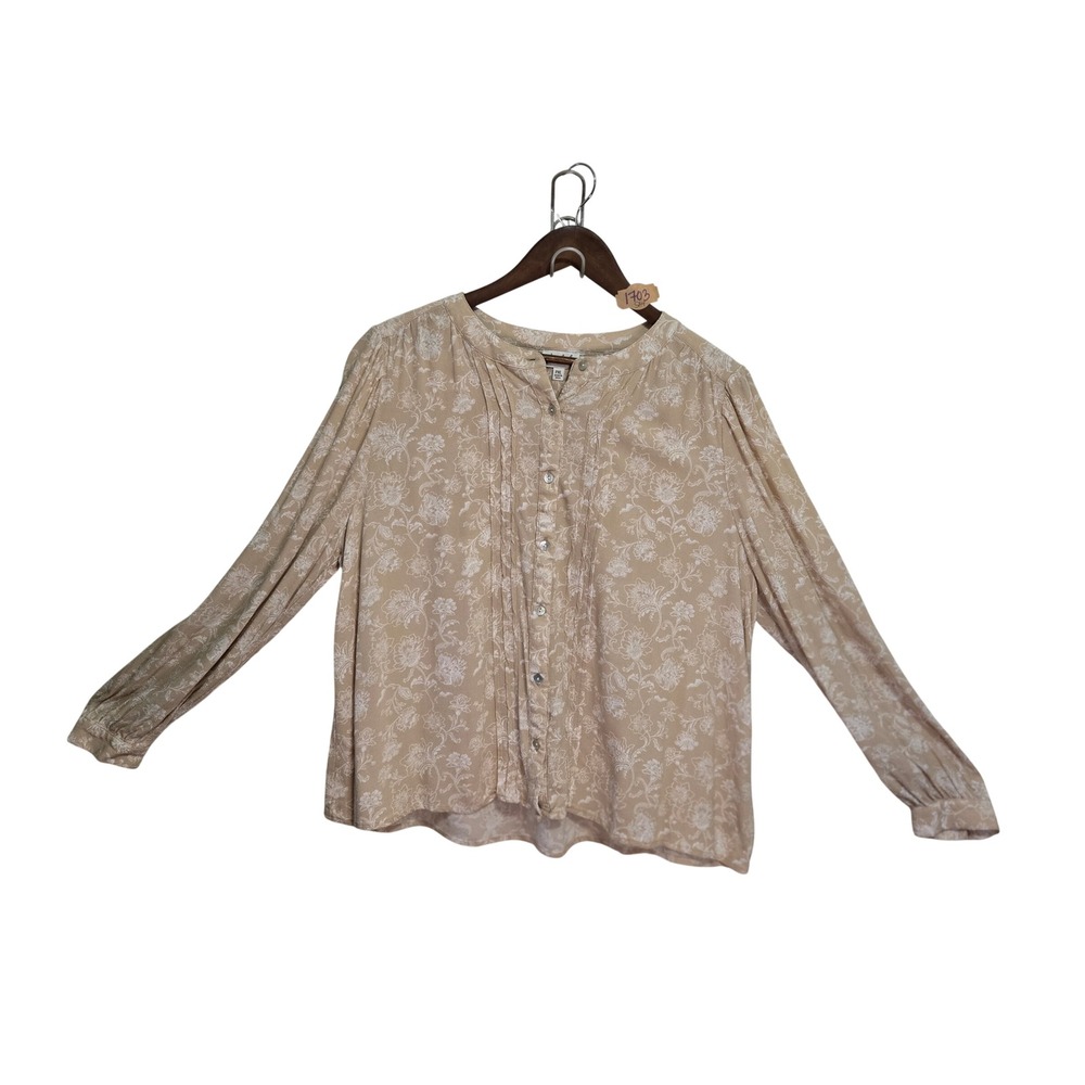 Wonderly Women Tan White Floral Pintuck Button Down Blouse Top PXL